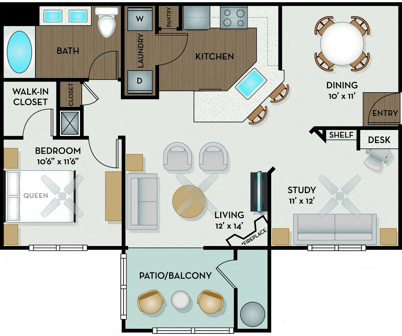 Floor plan for 1 bed, 1 bath, 926 sqft