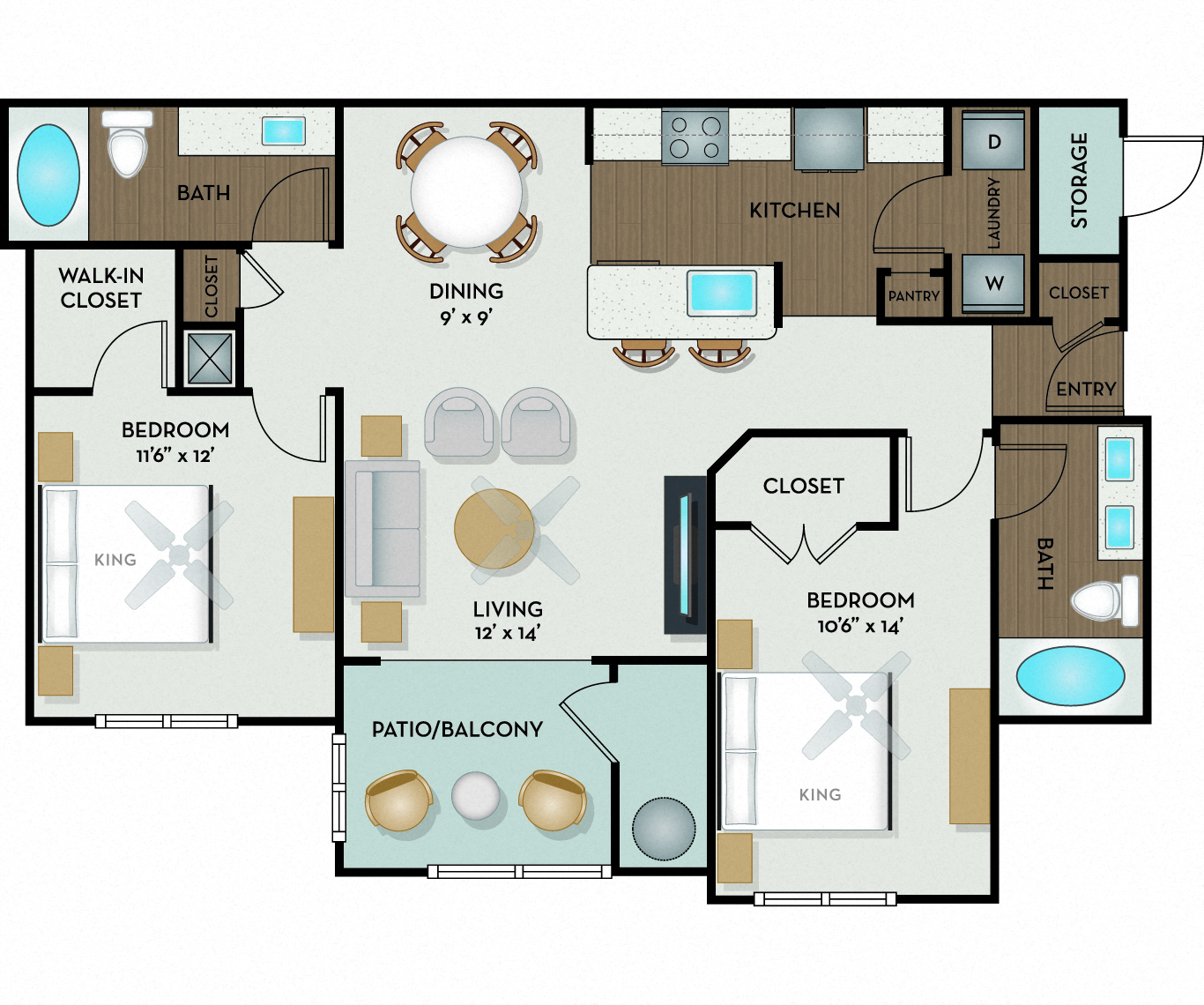 Floor plan for 2 beds, 2 baths, 1043 sqft