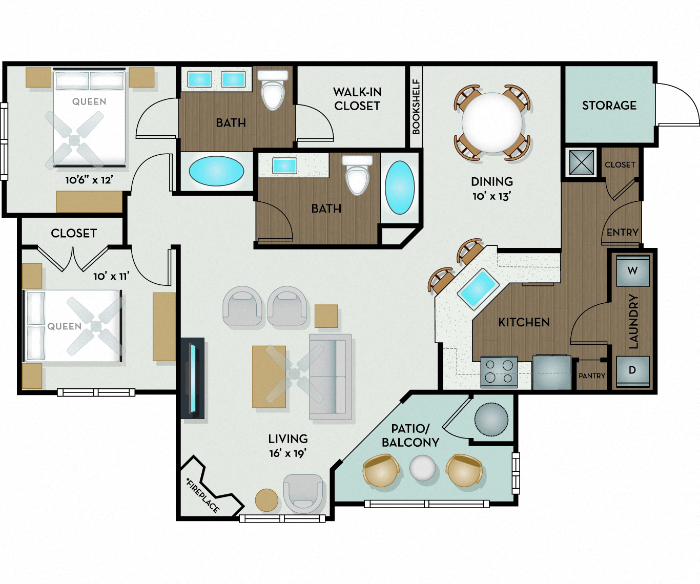 Floor plan for 2 beds, 2 baths, 1176 sqft