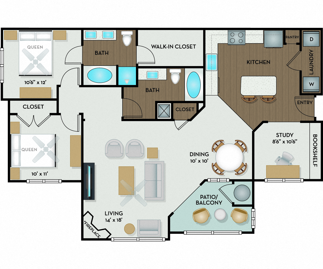 Floor plan for 2 beds, 2 baths, 1296 sqft