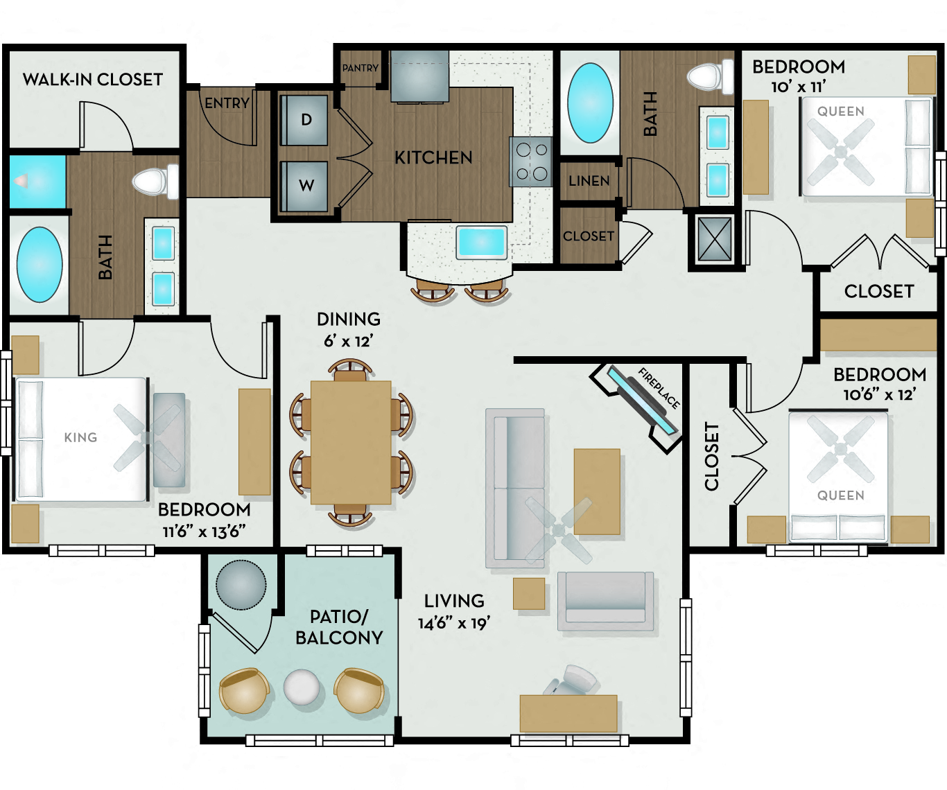 Floor plan for 3 beds, 2 baths, 1395 sqft