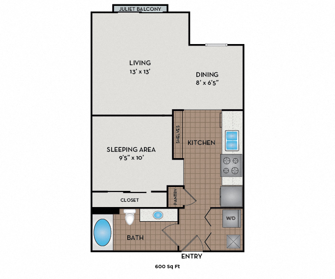 Floor plan for studio, 1 bath, 600 sqft