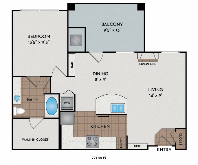 Floor plan for 1 bed, 1 bath, 778 sqft