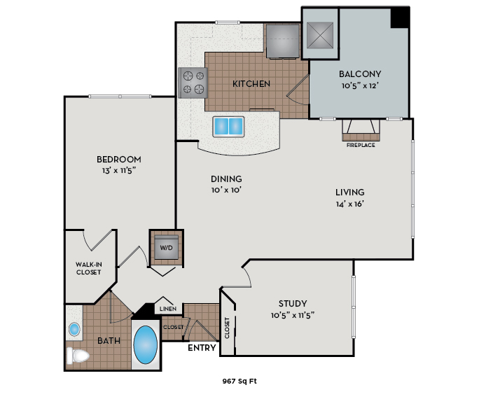 Floor plan for 1 bed, 1 bath, 967 sqft