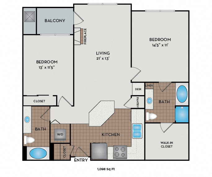 Floor plan for 2 beds, 2 baths, 1098 sqft