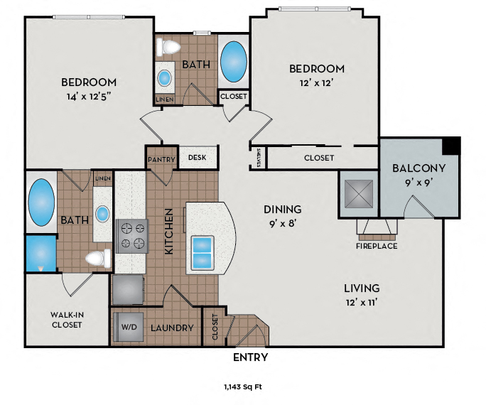 Floor plan for 2 beds, 2 baths, 1143 sqft