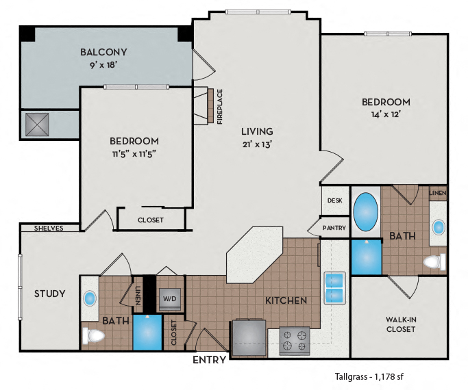 Floor plan for 2 beds, 2 baths, 1178 sqft