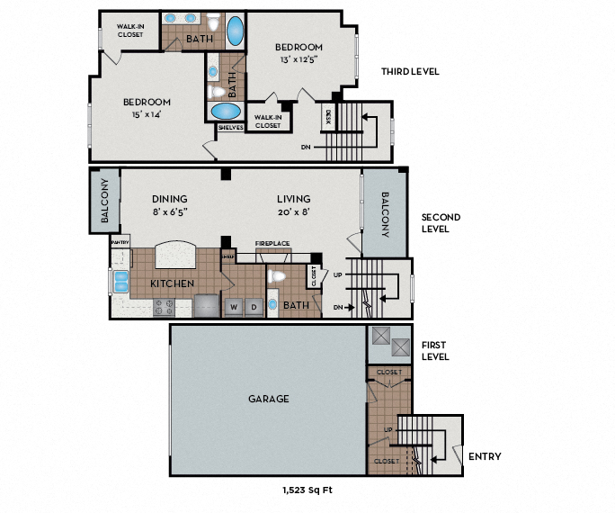 Floor plan for 2 beds, 2.5 baths, 1523 sqft