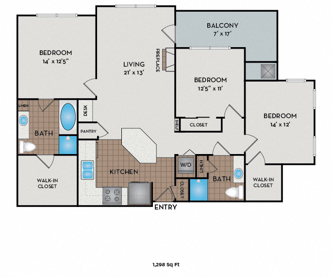 Floor plan for 3 beds, 2 baths, 1298 sqft