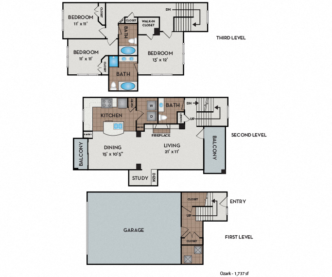 Floor plan for 3 beds, 2.5 baths, 1737 sqft