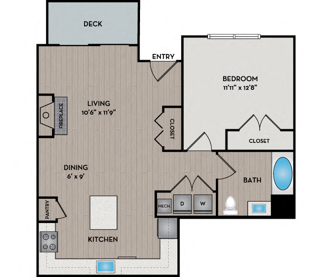 Floor plan for 1 bed, 1 bath, 817 sqft
