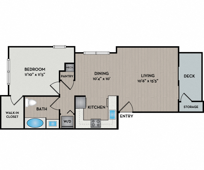 Floor plan for 1 bed, 1 bath, 833 sqft