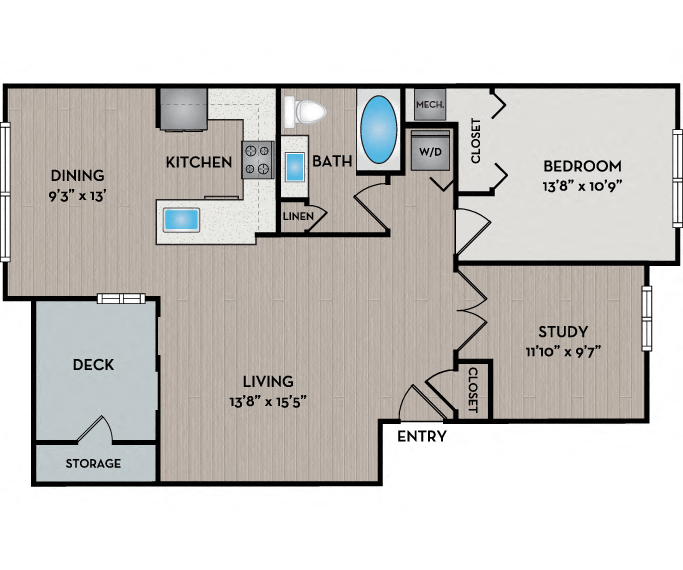 Floor plan for 1 bed, 1 bath, 954 sqft