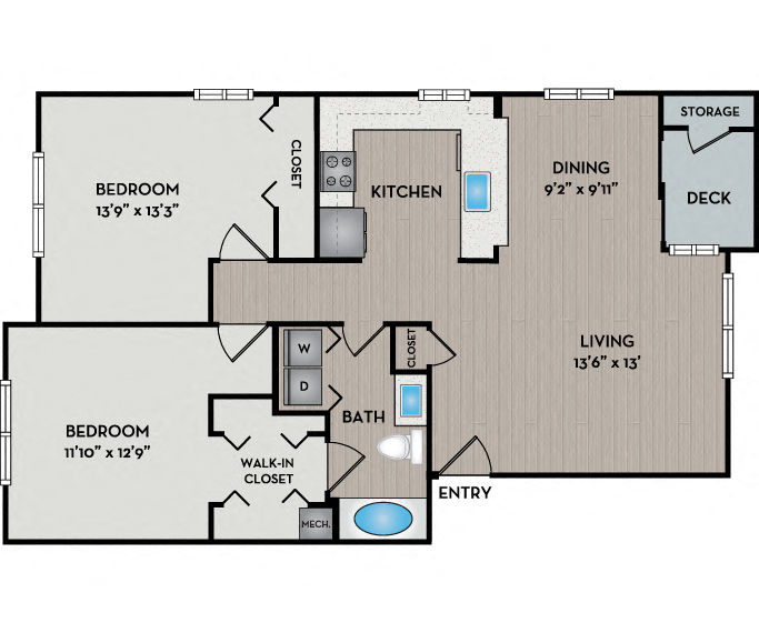 Floor plan for 2 beds, 1 bath, 1085 sqft