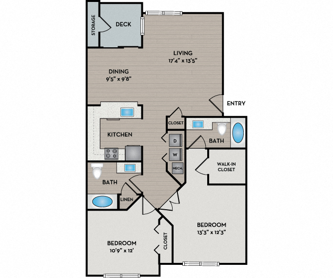 Floor plan for 2 beds, 2 baths, 1147 sqft