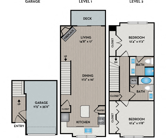Floor plan for 2 beds, 2 baths, 1278 sqft