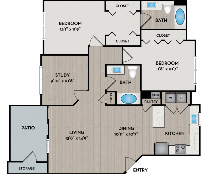 Floor plan for 2 beds, 2 baths, 1252 sqft