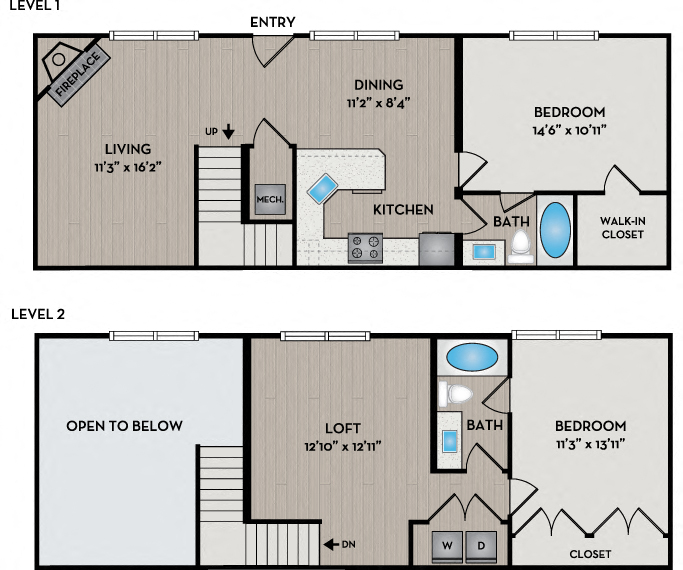 Floor plan for 2 beds, 2 baths, 1393 sqft