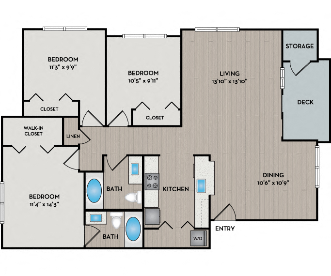 Floor plan for 3 beds, 2 baths, 1294 sqft