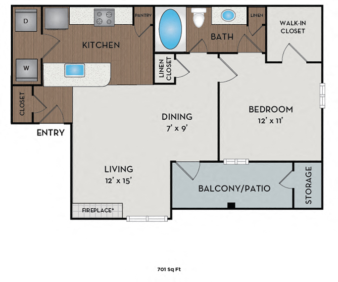 Floor plan for 1 bed, 1 bath, 701 sqft