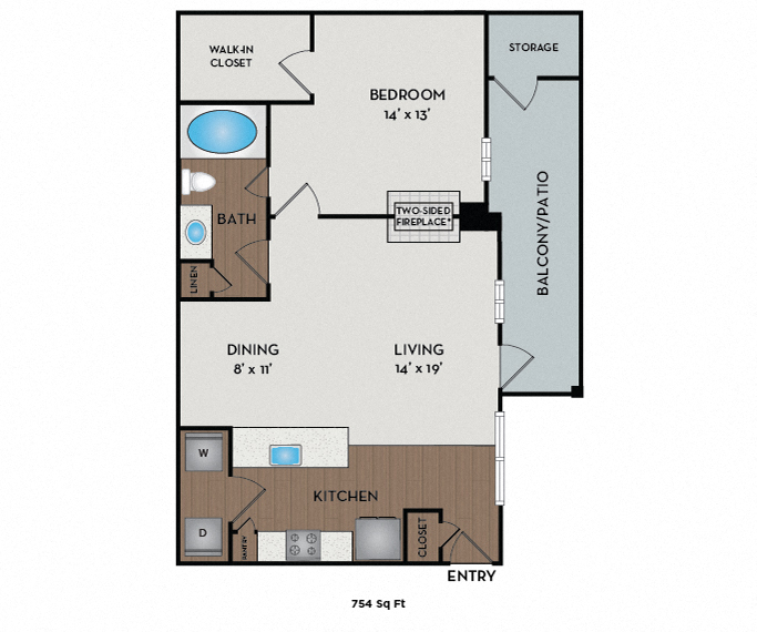 Floor plan for 1 bed, 1 bath, 754 sqft