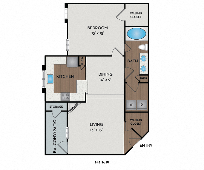 Floor plan for 1 bed, 1 bath, 842 sqft