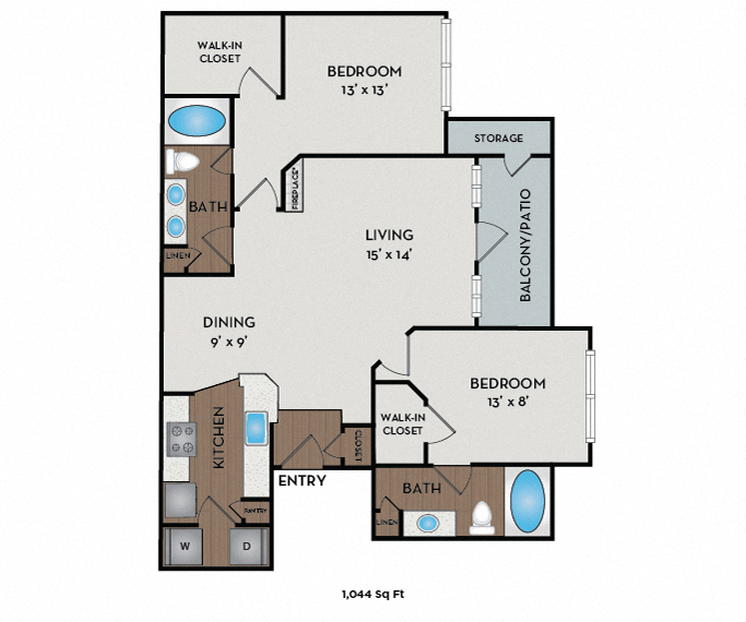 Floor plan for 2 beds, 2 baths, 1044 sqft