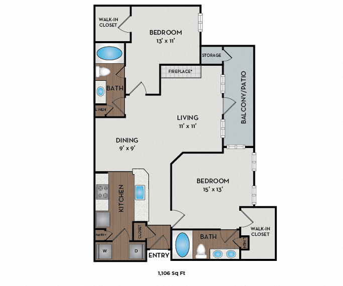 Floor plan for 2 beds, 2 baths, 1106 sqft
