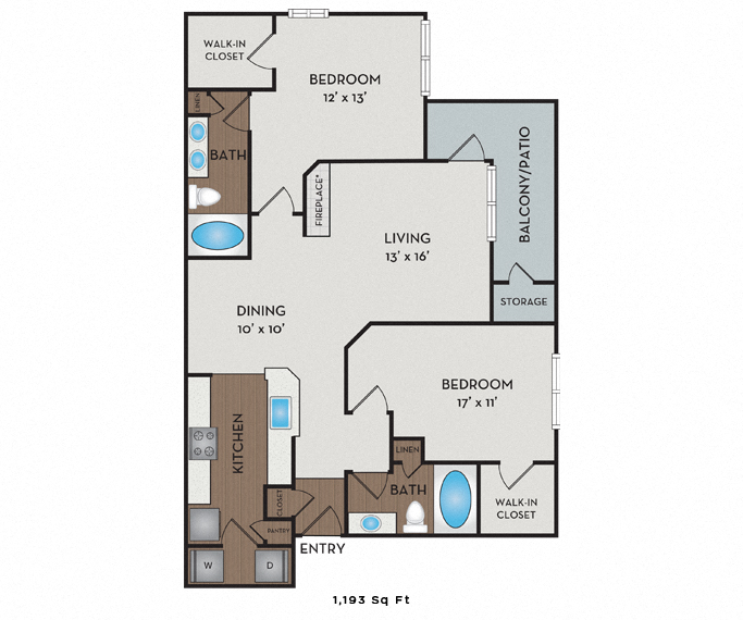 Floor plan for 2 beds, 2 baths, 1193 sqft