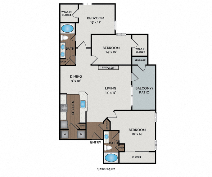 Floor plan for 3 beds, 2 baths, 1320 sqft