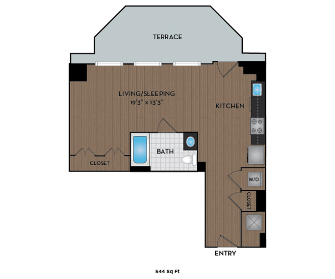 Floor plan for 1 bed, 1 bath, 544 sqft