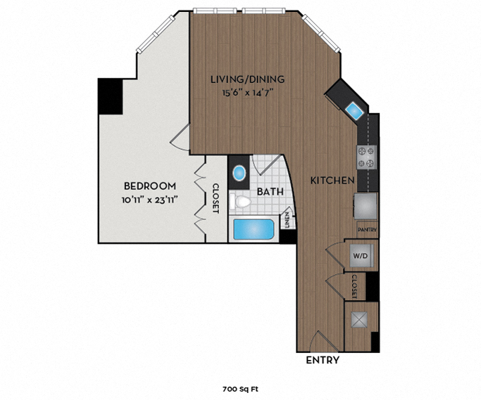 Floor plan for 1 bed, 1 bath, 700 sqft