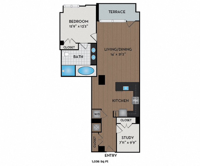 Floor plan for 1 bed, 1 bath, 1361 sqft