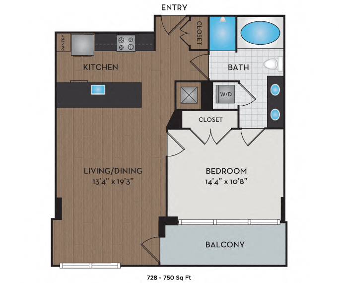 Floor plan for 1 bed, 1 bath, 750 sqft