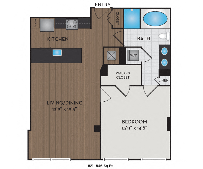 Floor plan for 1 bed, 1 bath, 889 sqft