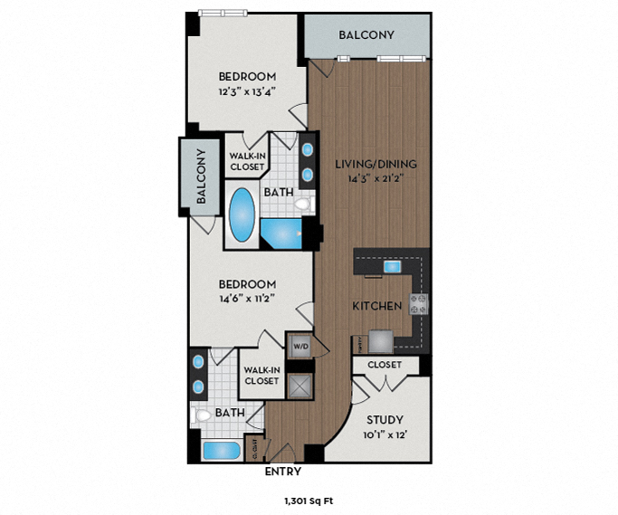Floor plan for 2 beds, 2 baths, 1398 sqft