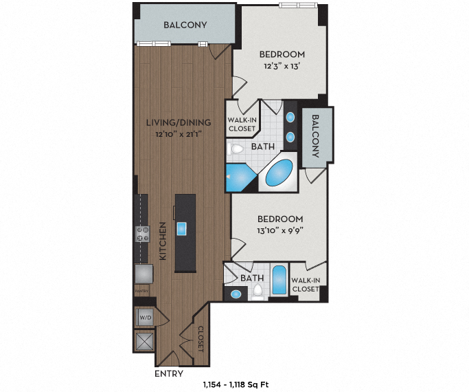 Floor plan for 2 beds, 2 baths, 1184 sqft