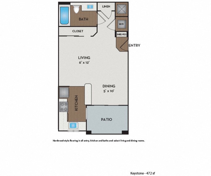 Floor plan for studio, 1 bath, 557 sqft