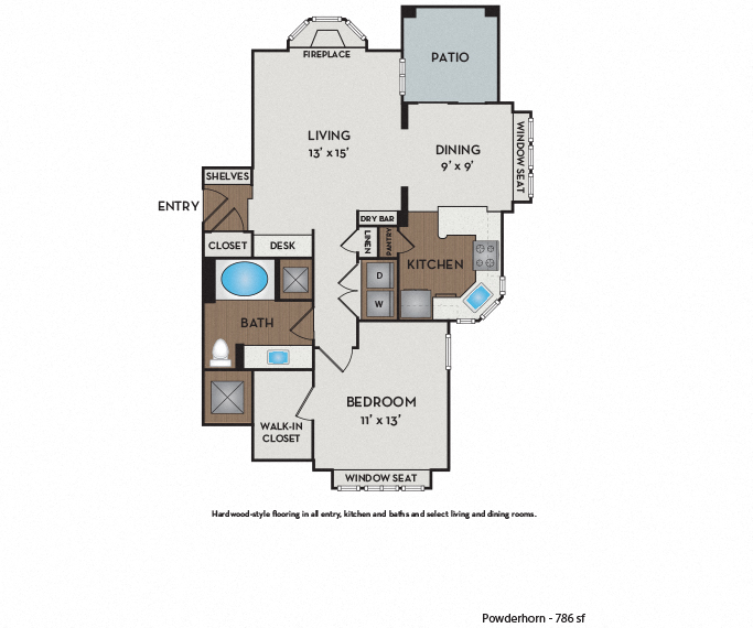 Floor plan for 1 bed, 1 bath, 786 sqft