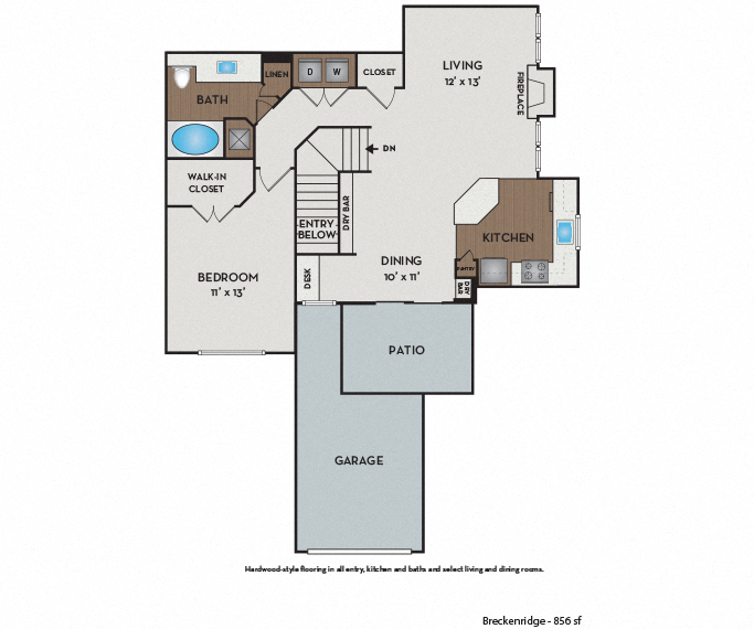 Floor plan for 1 bed, 1 bath, 856 sqft