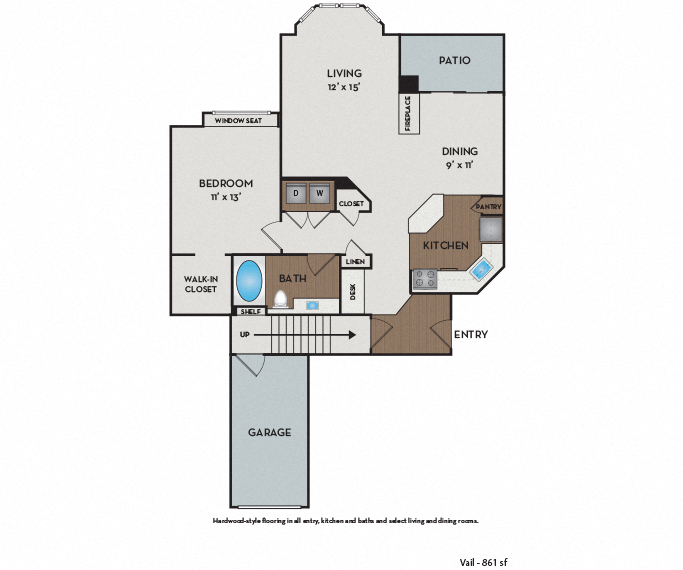 Floor plan for 1 bed, 1 bath, 861 sqft