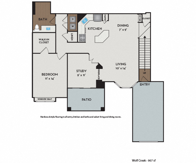 Floor plan for 1 bed, 1 bath, 907 sqft