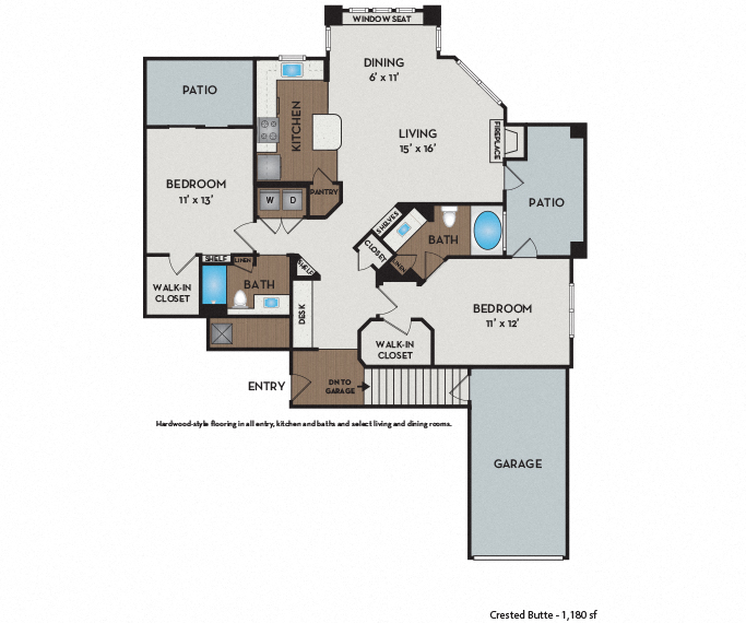 Floor plan for 2 beds, 2 baths, 1180 sqft