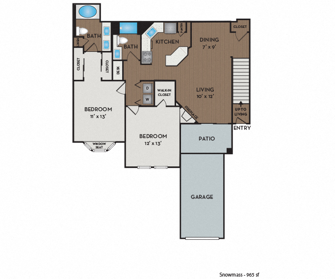 Floor plan for 2 beds, 2 baths, 965 sqft