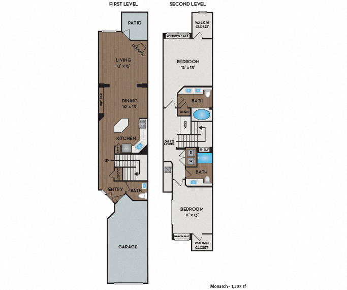 Floor plan for 2 beds, 2.5 baths, 1307 sqft