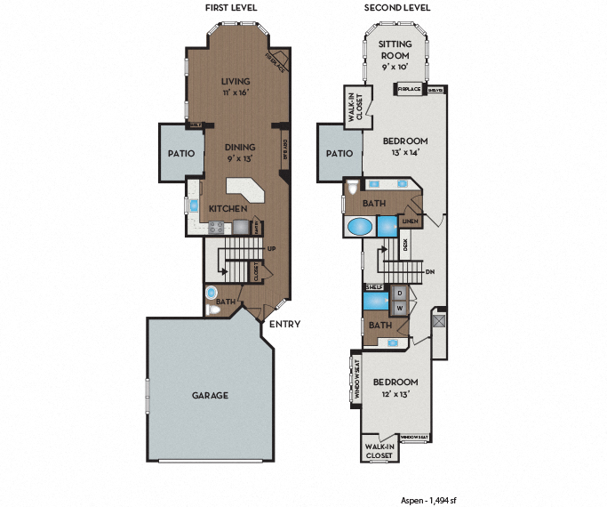 Floor plan for 2 beds, 2.5 baths, 1494 sqft
