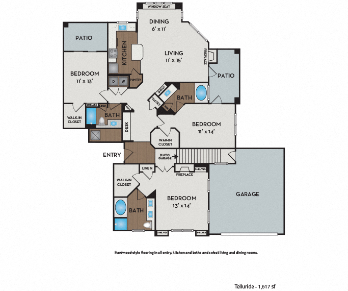 Floor plan for 3 beds, 3 baths, 1617 sqft