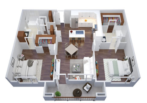 Floor plan for 2 beds, 2 baths, 1225 sqft