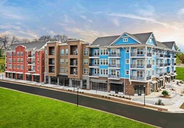 Rock Hill apartment for rent - A row of modern apartment buildings with red, brown, and blue facades.