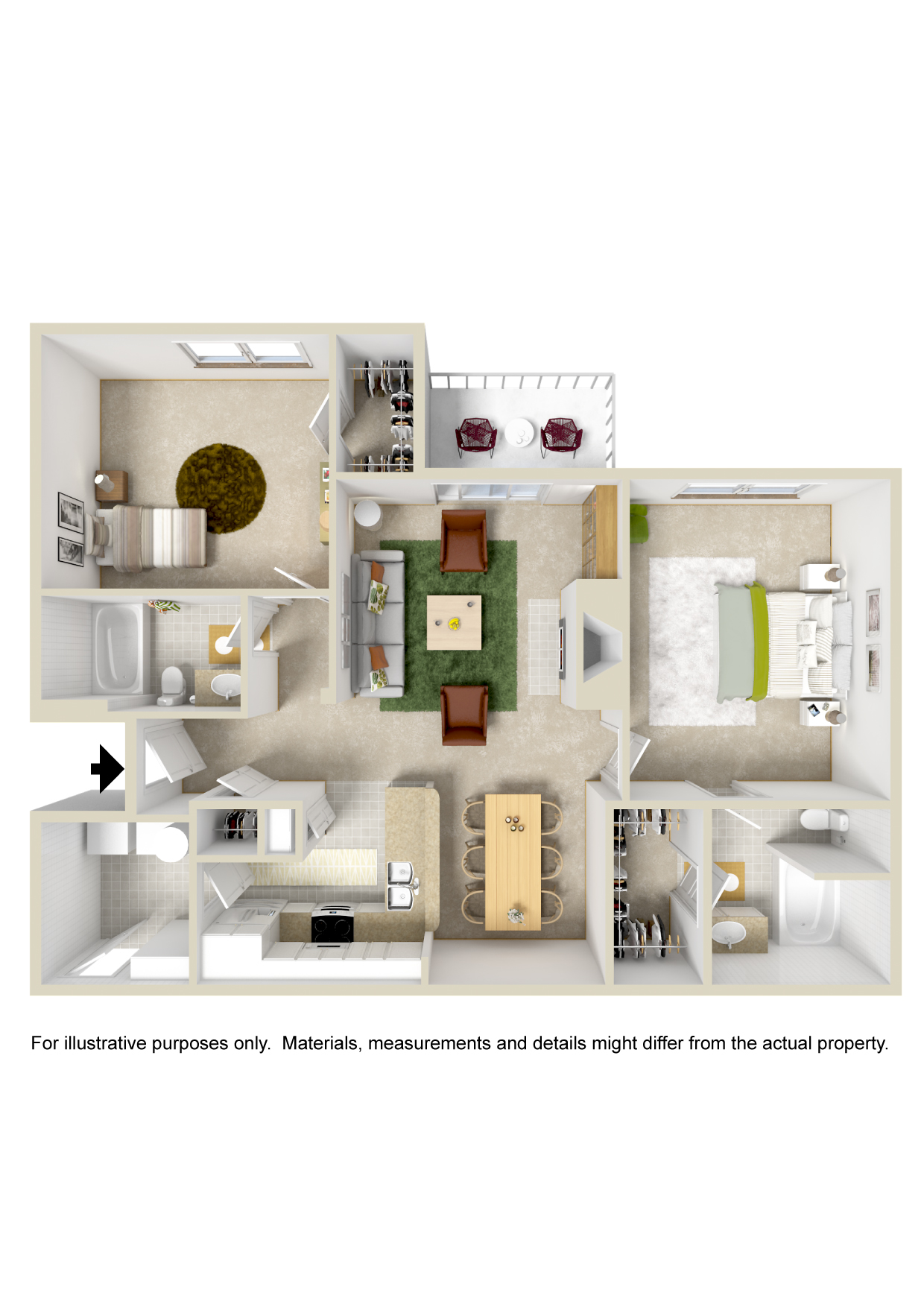 Floor plan for 2 beds, 2 baths, 1086 sqft